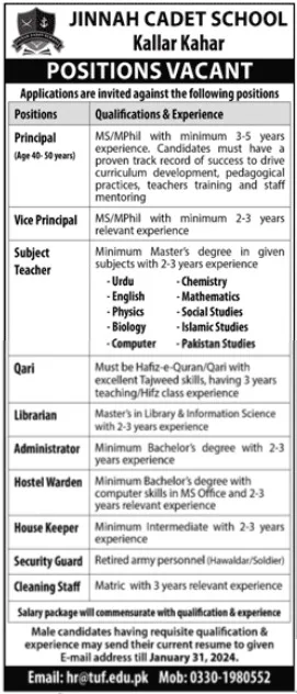 Latest Cadet School Jobs 2024 Jinnah Cadet Kallar Kahar School Career Opportunities