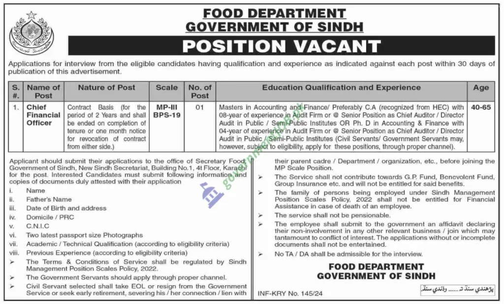 Latest Food Department Jobs 2024 – Chief Financial Officer Career Opportunity Sindh